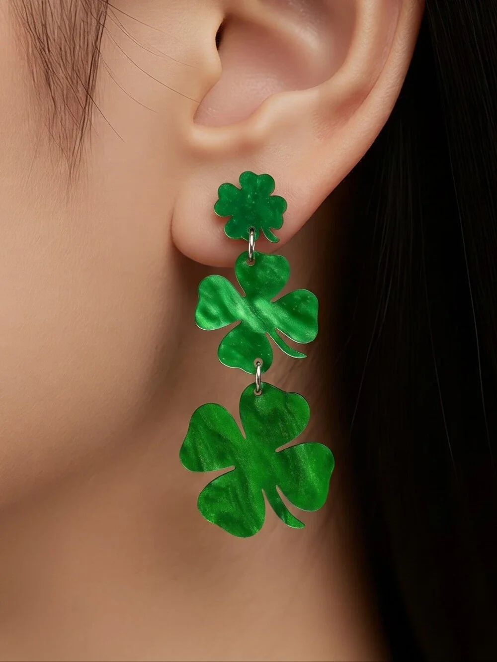 Green Clover Dangle Earrings Iridescent 3 Shamrock Stud St Patrick's Day Jewelry